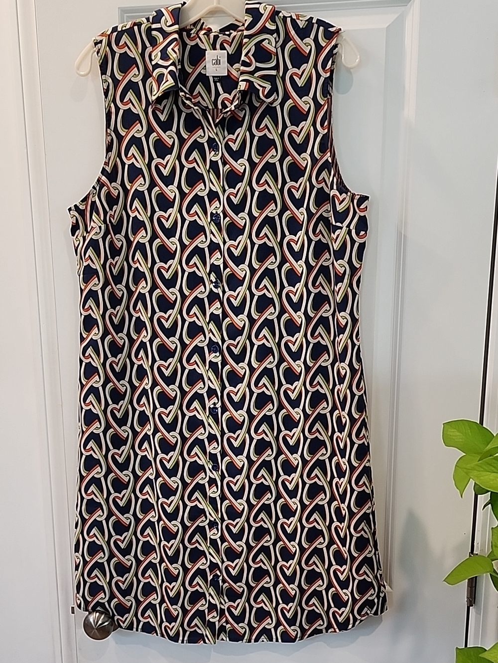 Cabi Amour Large Navy Locking Heart-Print Sleeveless Shirt Dress